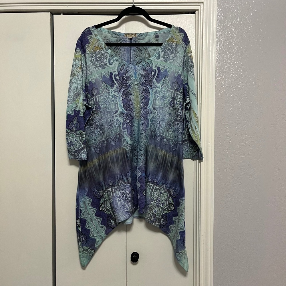 Emerge 3X World Of‎ 2Tone Tie Dye Mandala Print Tunic Top 3X